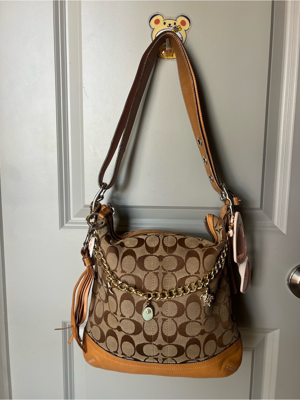 Coach Brown Signature Canvas Shoulder Bag with Tan Leather Trim